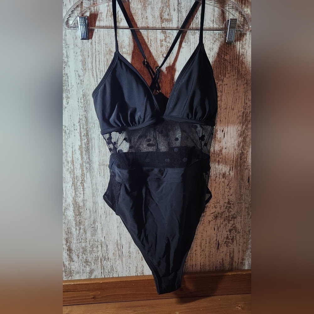 California Sunshine Black Mesh Polka Dot Design High Cut One-Piece Swimsuit